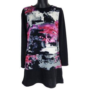 Marble Sweater Mini Dress XS Black Pink Abstract Long Sleeve Crew Neck Fine Knit
